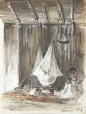 Camille Pissarro - The Complete Works - The interior of a hut with a hammock and an Indian mother with her two children, Galipan - camille-pissarro.org